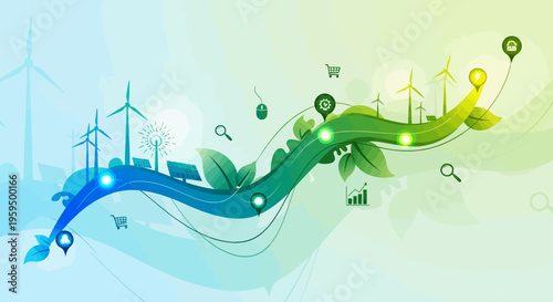 Eco friendly icons, sustainable energy symbols, green technology illustrations, environmental conservation graphics