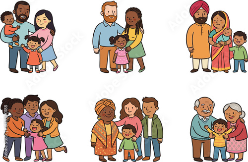 Vector set of diverse multicultural families including multi-racial couples children and happy grandparents illustrations