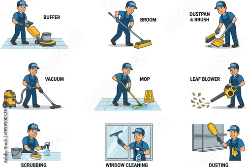 Vector cartoon set of professional janitor characters performing various commercial cleaning service tasks