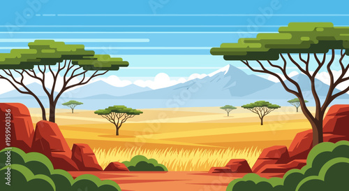 African Savanna Landscape Illustration with Acacia Trees, Red Rocks, and Snow-Capped Mountains. Flat Vector Style for Nature and Safari Travel Background.