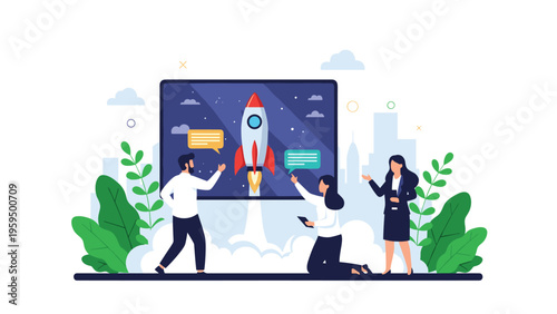 Dynamic team celebrates the successful takeoff of a business startup project visualized as a rocket on a presentation screen.