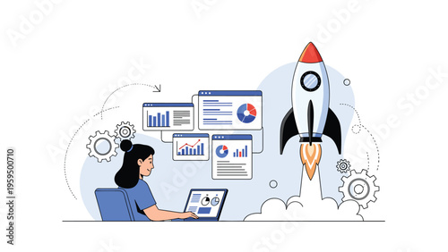 Data scientist analyzes performance metrics on a laptop as a startup rocket launches to symbolize rapid business expansion.