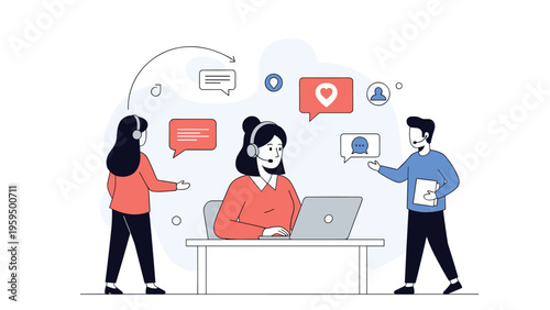 Friendly customer service agents wearing headsets collaborate to provide real-time support and answer client inquiries.