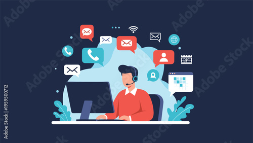 Technical support specialist with a headset manages multiple communication channels to provide efficient customer assistance.