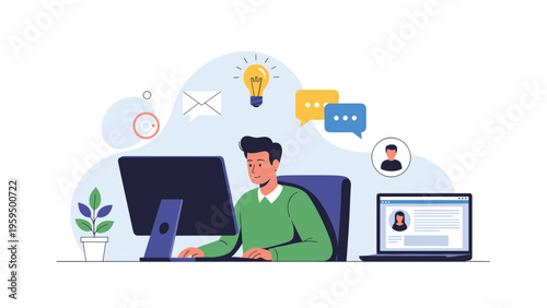 Creative employee works on a desktop computer while managing emails, chat messages, and developing new business concepts.