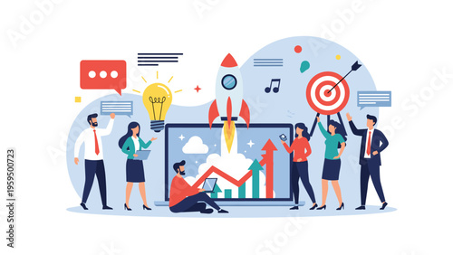 Business professionals collaborate on a startup project using a laptop with strategic icons for innovation, goals, and growth.