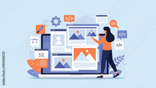 Graphic designer arranges visual elements and layout blocks on a digital interface to create a compelling user experience.