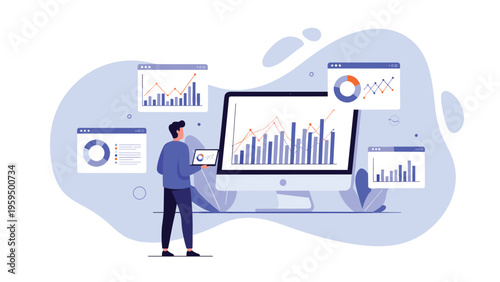 Financial analyst examines comprehensive data visualizations and performance charts on a large digital dashboard display.