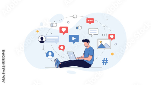 Social media manager engages with online communities and monitors digital marketing trends while working on a laptop.