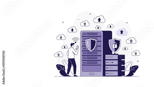Network security administrator uses a mobile device to monitor protected data servers and cloud storage infrastructure.