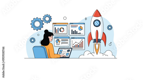 Entrepreneur tracks startup business growth and financial analytics on a laptop while a rocket launches in the background.