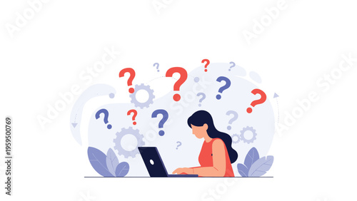 Focused professional seeks answers and solves complex problems while working on a laptop surrounded by question marks.