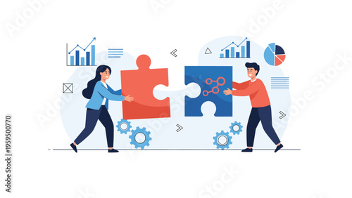 Business partners working together to connect giant puzzle pieces representing successful collaboration and strategic integration.