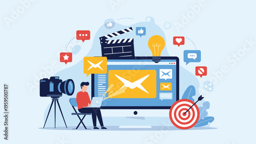Digital content creator working on a computer surrounded by various media icons including video, mail, and social engagement tools.