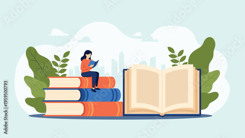 Young woman sitting on a stack of books while reading to represent the power of education and lifelong learning in a modern city.