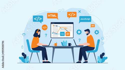 Pair of web developers sitting at a table and coding together with various programming language icons floating in the background.