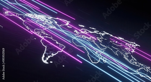 Neon purple ice blue light streaks, diagonal composition, world map silhouettes, cinematic contrast, sleek economy trend visualization.