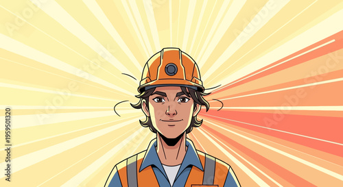 Labour day, Anime style construction worker wearing orange hard hat and safety vest, male engineer character on sunburst background, industrial worker vector