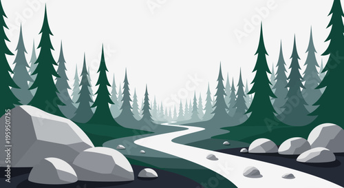 Minimalist Flat Vector Illustration of a Winding Path through a Coniferous Pine Forest with Rocks and Misty Background