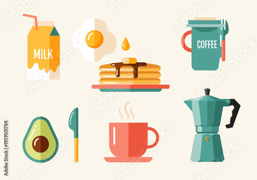 Modern Breakfast Food and Morning Beverage Icon Set featuring Pancakes, Coffee, Avocado, and Eggs in Flat Design Style
