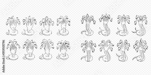 Set of mythical hydra monster heads with multiple snake heads in various poses, line art illustration.