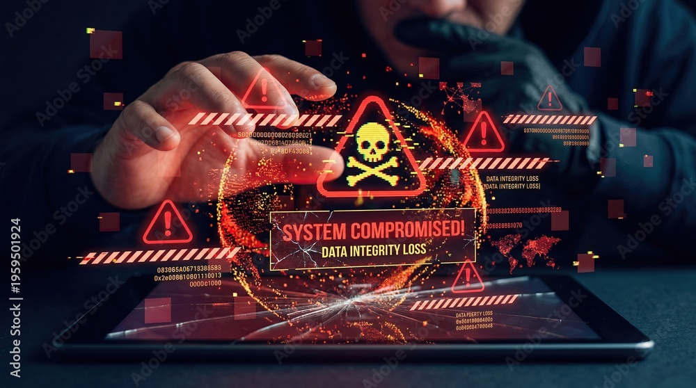 © Jieun - Cyber security concept, system compromised alert with skull icon on digital tablet screen, data integrity loss warning for hacker attack and malware infection in business