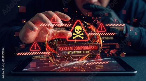 Cyber security concept, system compromised alert with skull icon on digital tablet screen, data integrity loss warning for hacker attack and malware infection in business