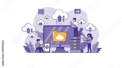 Cloud storage and data computing technology concept with people managing files and servers in a digital network.