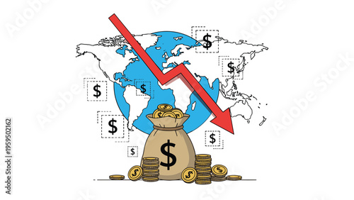 Global economic recession and financial crisis concept featuring a downward red arrow and money bag over a map.