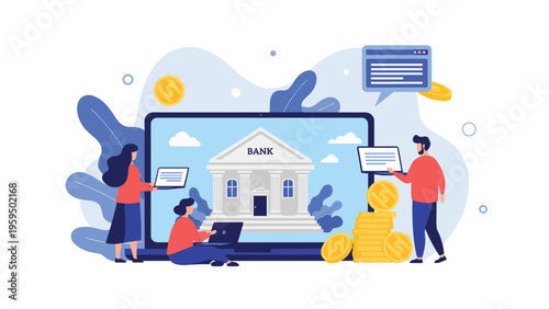 Modern digital banking and financial services concept showing people managing money through an online platform.