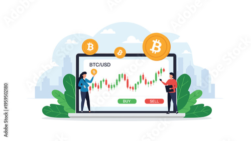 Online cryptocurrency trading and investment concept with people monitoring the Bitcoin price chart on a laptop.