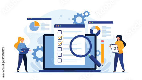 Business auditing and performance analysis concept with people reviewing a digital checklist and data charts.