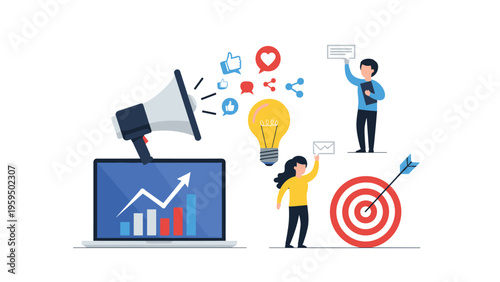 Project management and time tracking concept featuring professionals working on tasks with a large clock, target, and checklist.