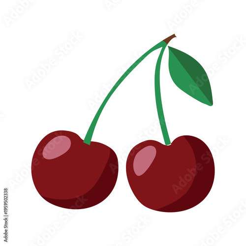 Two ripe cherries with green stem and leaf