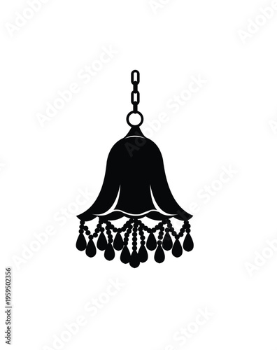 Black silhouette of a decorative bell with tassels hanging from a chain