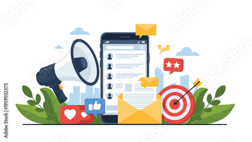 Integrated marketing strategy and communication elements featuring a smartphone, megaphone, email, and target for business.