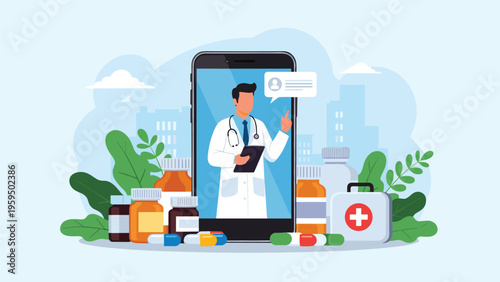 Modern telemedicine service featuring a doctor consulting online via smartphone with medicines and medical equipment.