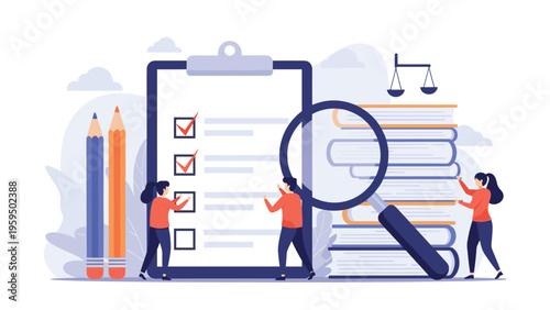 Legal and compliance audit concept showing people checking a list with a magnifying glass, books, and scales of justice.