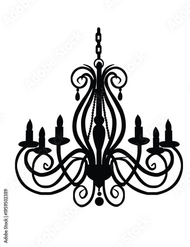 Elegant black silhouette of a hanging chandelier with multiple curved arms and candle holders