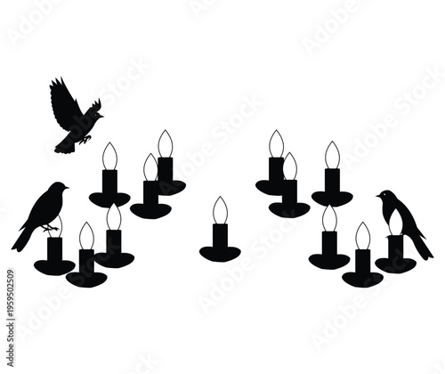 Black silhouettes of birds and candles on a for halloween or gothic design