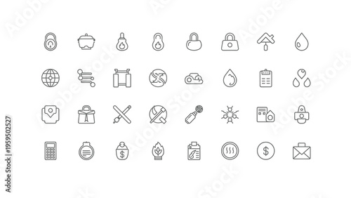 Collection of 30 line icons related to security finance and environment