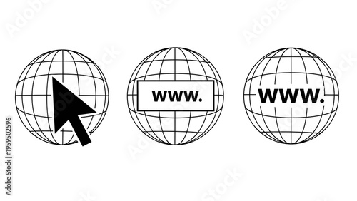 Three wireframe globe icons with www internet symbols