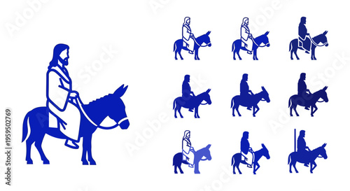 Palm Sunday vector illustration sheet man on donkey silhouettes various poses easter religious graphics holy week designs church design asset editable printable art asset EPS AI