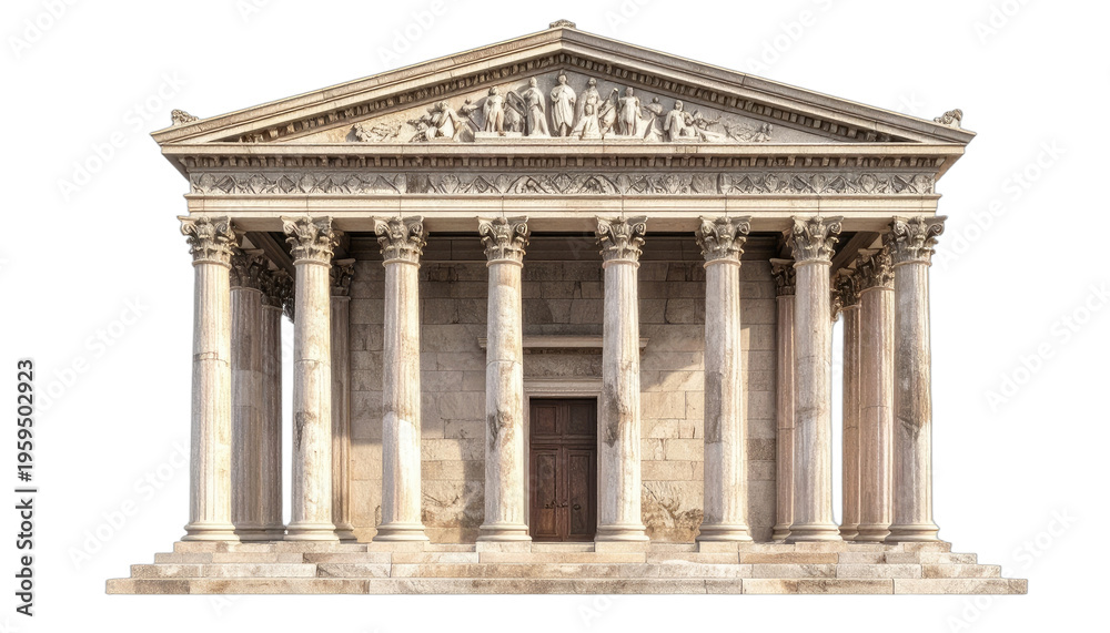 Obraz premium A neoclassical temple facade with Corinthian columns and a pediment sculpture.