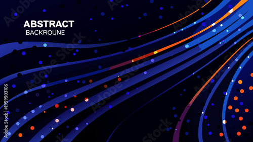 Abstract neural network background with blue orange and white lines and dots on dark