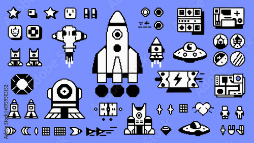 Pixelated rocket launch vector illustration with space icons and symbols on blue background