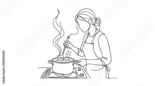 A single line drawing depicts a woman with her hair tied back, wearing an apron and stirring a pot of steaming soup on a stove.