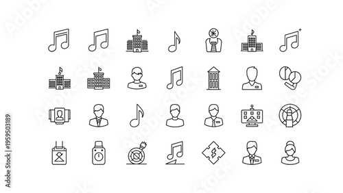 A collection of 25 line icons depicting people buildings music notes and business related symbols
