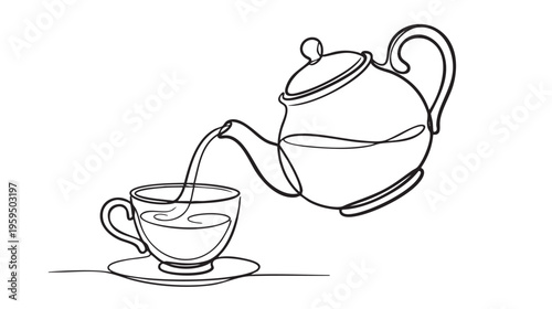 A minimalist single-line drawing shows a classic teapot elegantly pouring steaming tea into a transparent teacup and saucer, evoking a sense of calm and tradition.