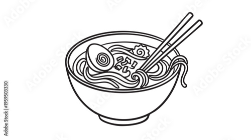 A single line drawing of a steaming bowl of ramen, complete with noodles, egg, and chopsticks, evokes a comforting and delicious meal.
